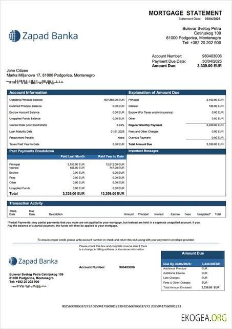 Monténégro Zapad banka AD relevé hypothécaire Modèle Word et PDF